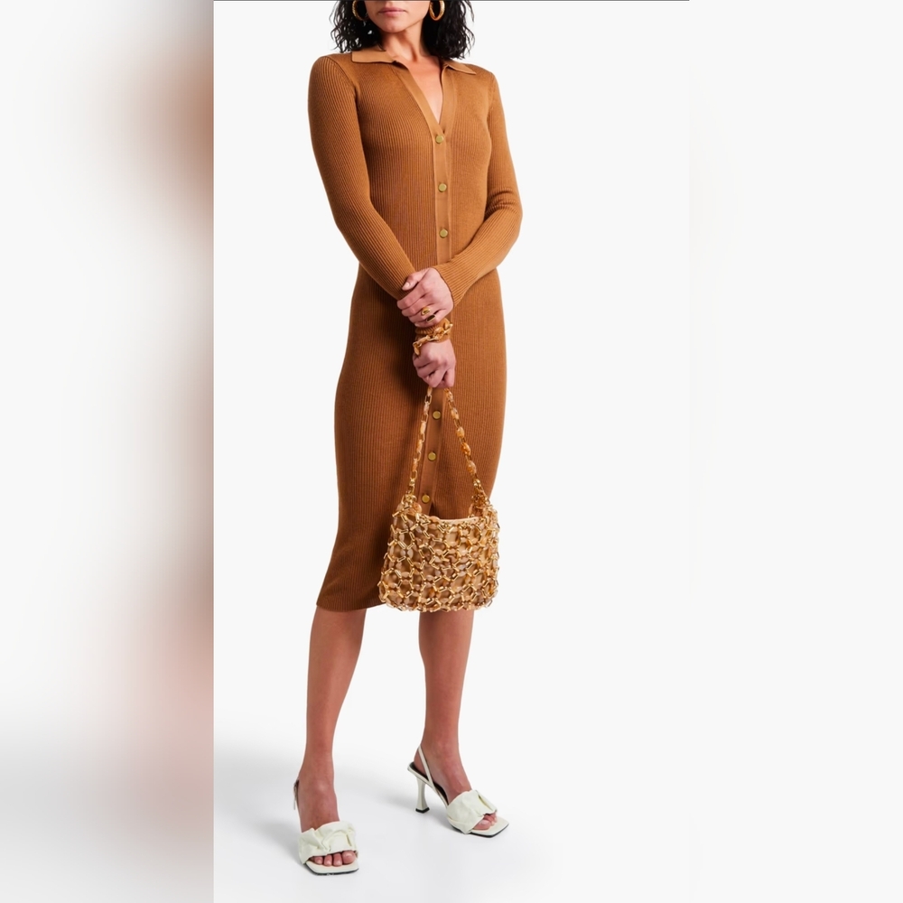 Alice + Olivia Alcina Long Sleeve Ribbed Button Down Midi Dress Camel Size Large
